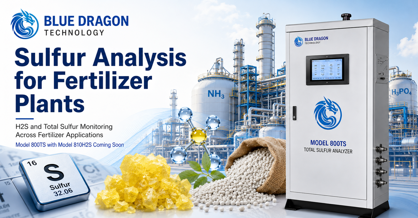 Blue Dragon Model 800TS total sulfur analyzer with fertilizer plant, fertilizer granules, sulfur crystals, and sulfur periodic table element.