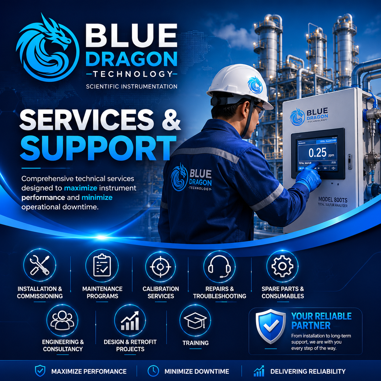 Blue Dragon Technology Services & Support banner showing industrial engineer operating process instrumentation with listed services including installation, maintenance, calibration, repairs, spare parts, engineering consultancy, retrofit, and training.