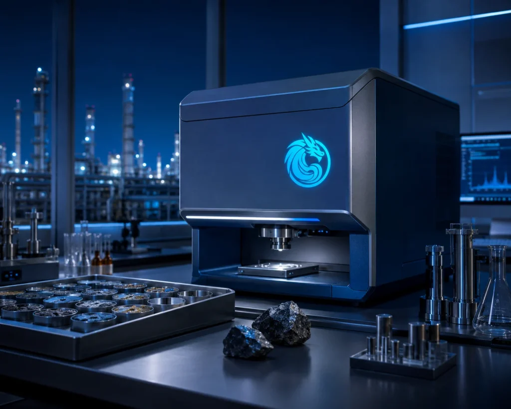 Blue Dragon elemental composition analysis instrument with material samples