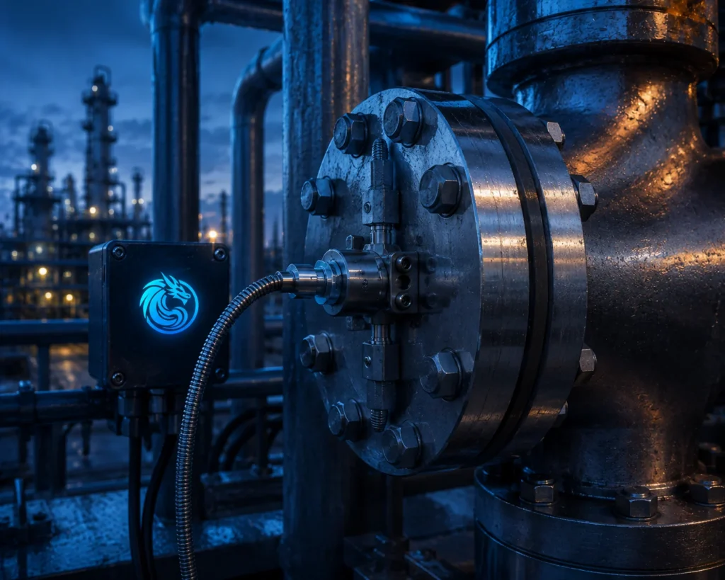 Blue Dragon gasket-mount surface temperature sensor on an industrial pipe flange