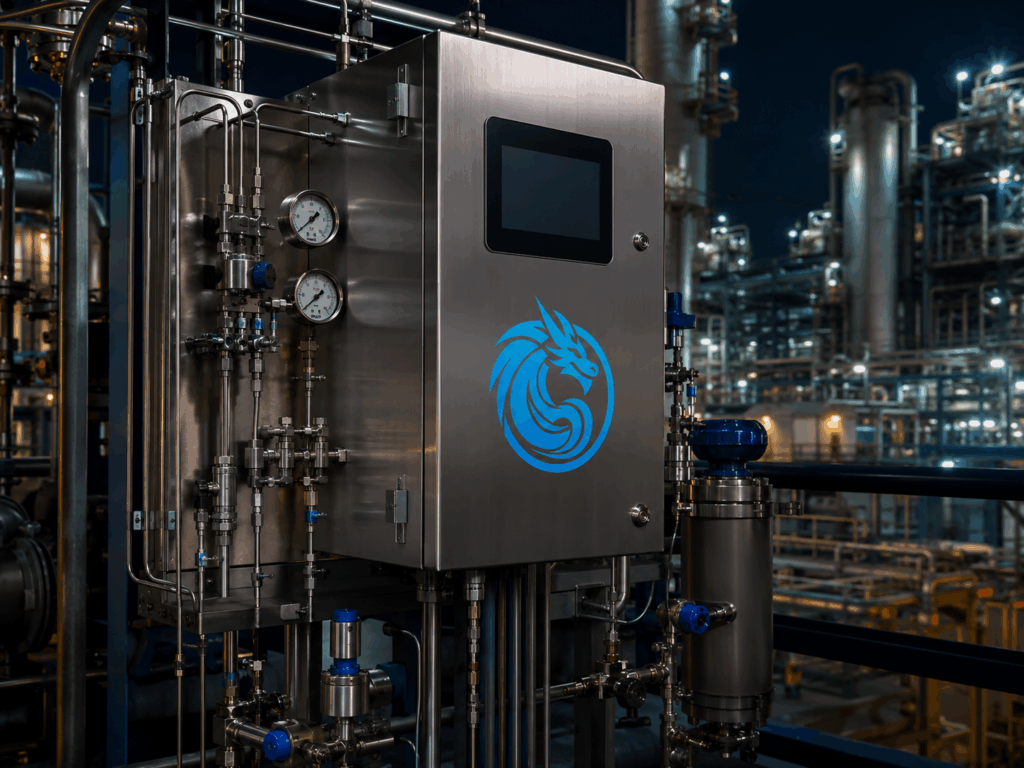Blue Dragon Technology process analyzer cabinet with stainless steel sample lines and gauges in a refinery environment