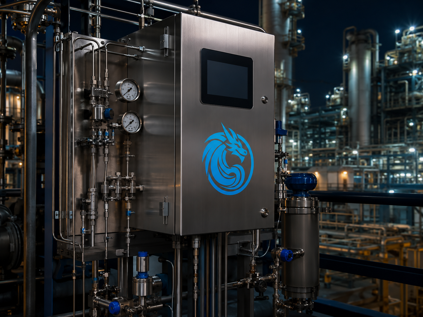 Blue Dragon Technology process analyzer cabinet with stainless steel sample lines and gauges in a refinery environment