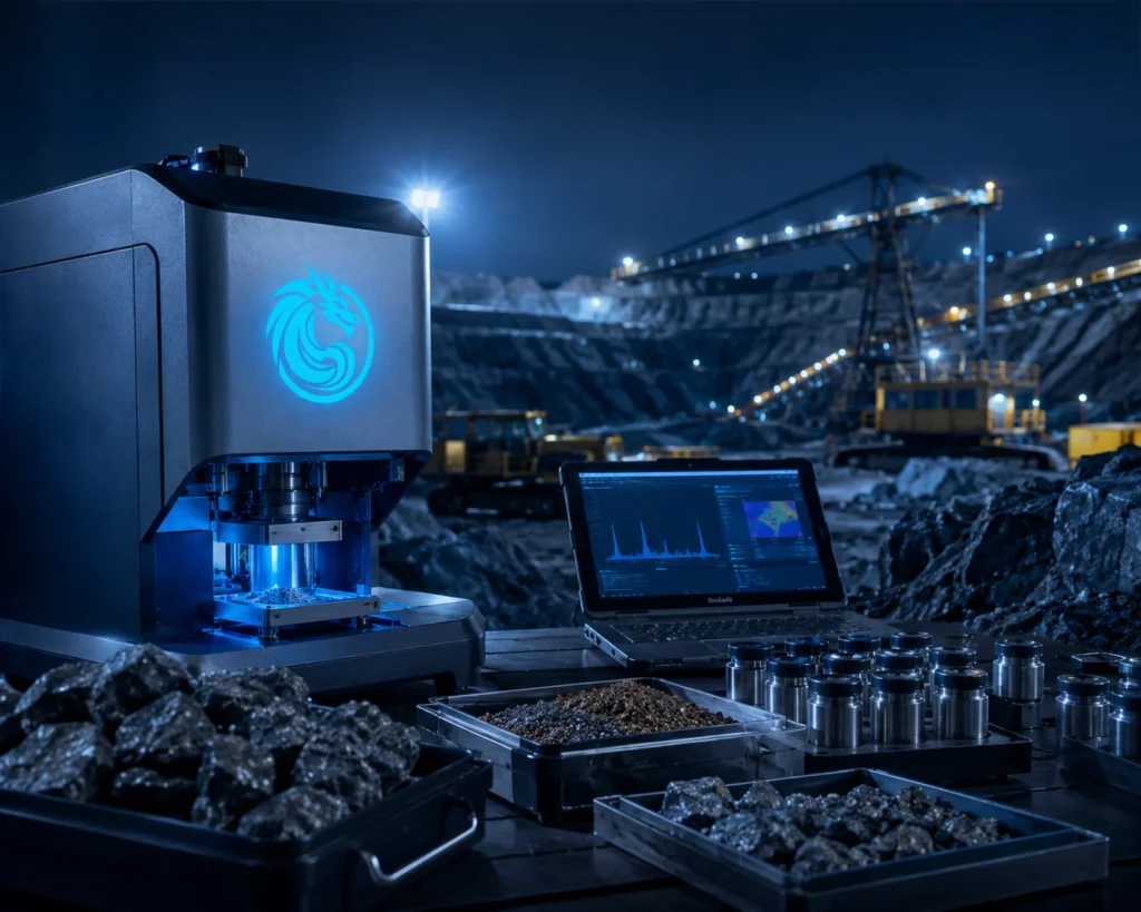 Blue Dragon mining and geochemical screening analyzer with ore samples