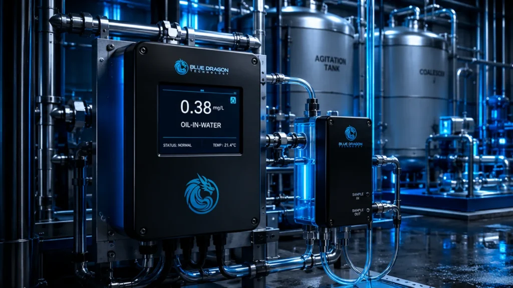 Online oil-in-water monitor at an industrial water treatment process
