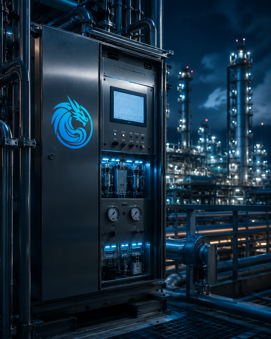 Blue Dragon Technology industrial analyzer cabinet with blue dragon logo in refinery process measurement environment