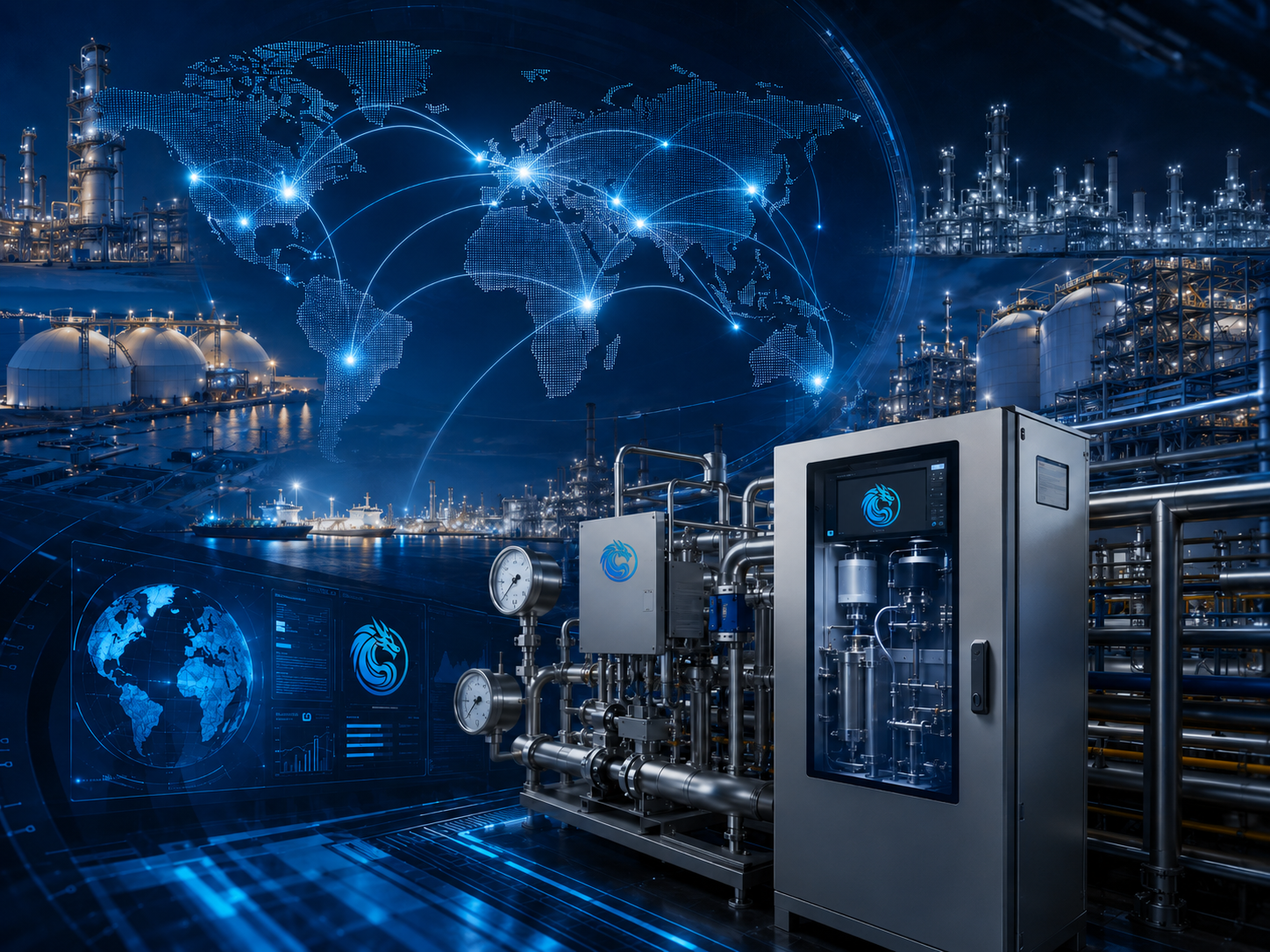Blue Dragon Technology global industrial reach image with world map, refinery facilities, LNG tanks, process analyzer cabinet, and industrial instrumentation network.