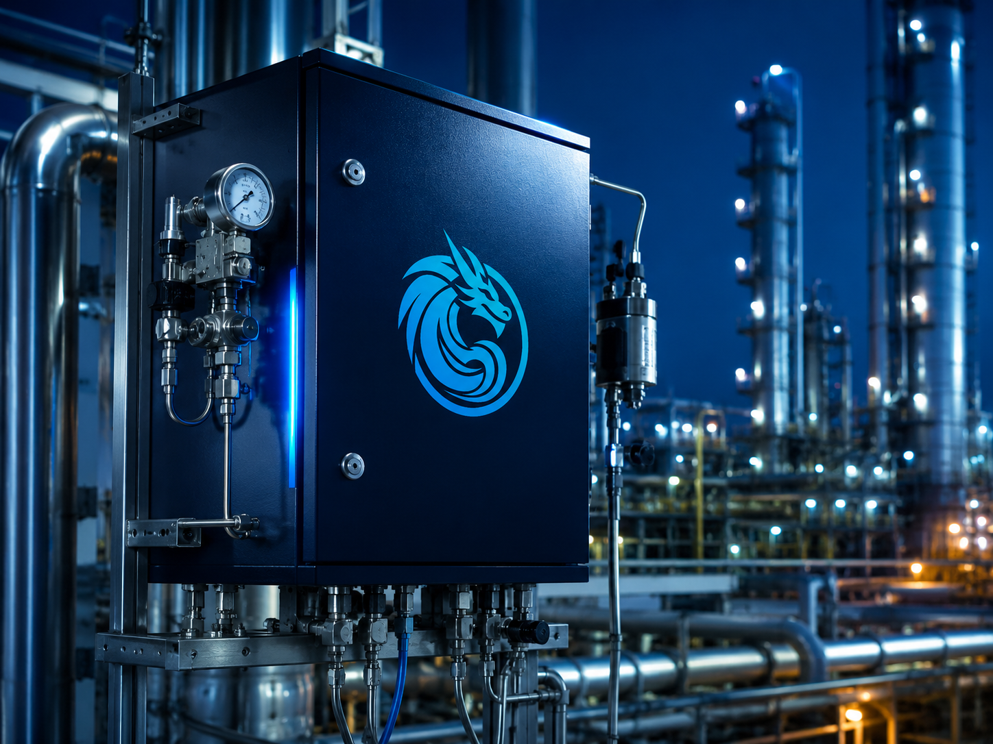 Blue Dragon Technology branded industrial analyzer cabinet with sample lines, gauges, and process piping in a refinery environment