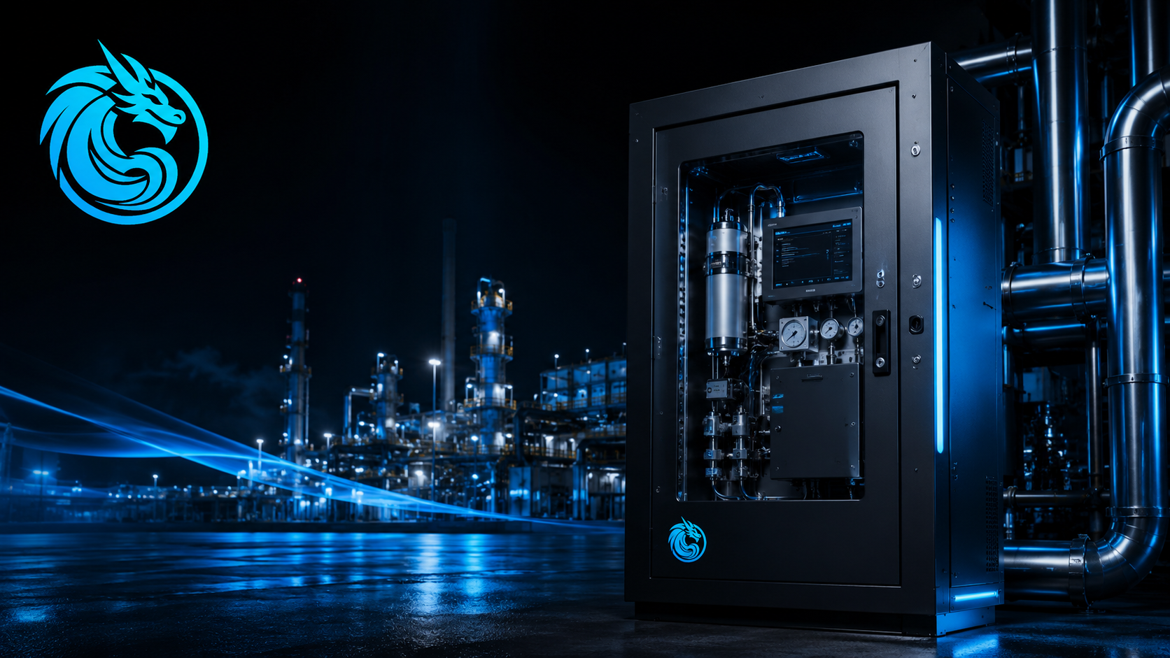 Blue Dragon Technology industrial analyzer system with blue dragon logo in refinery process monitoring environment