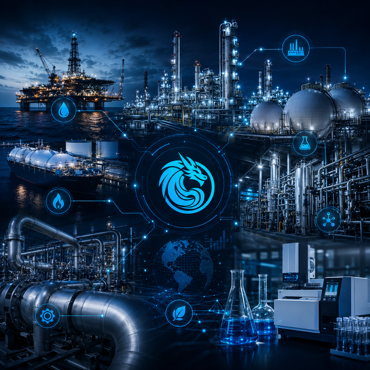 Blue Dragon Technology industries served collage with refinery, LNG, oil and gas, chemical plant, pipelines, laboratory equipment, and environmental monitoring visuals