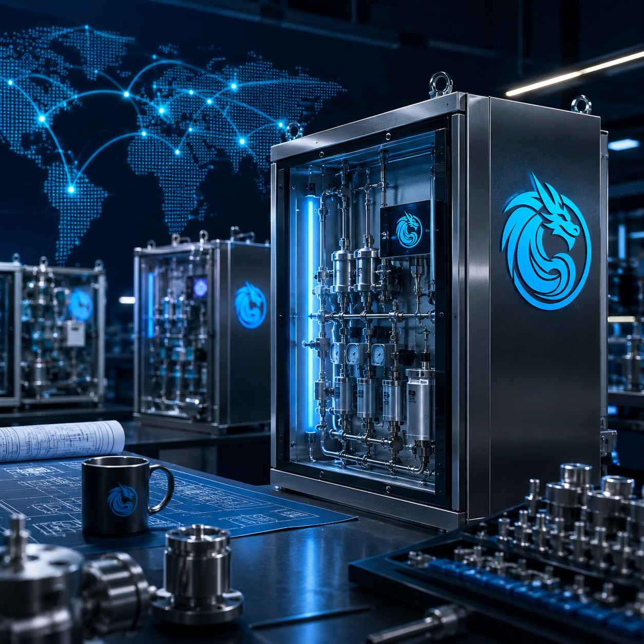 Blue Dragon Technology analytical instrument cabinet with blue dragon logo, engineering drawings, and global manufacturing partnership concept