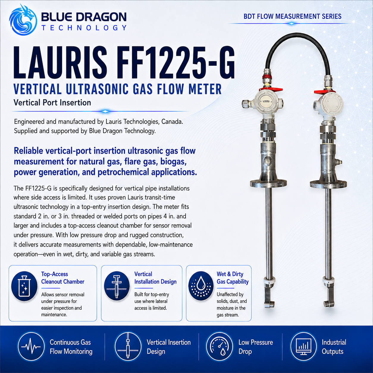Lauris FF1225-G Vertical-Port Insertion Ultrasonic Gas Flow Meter