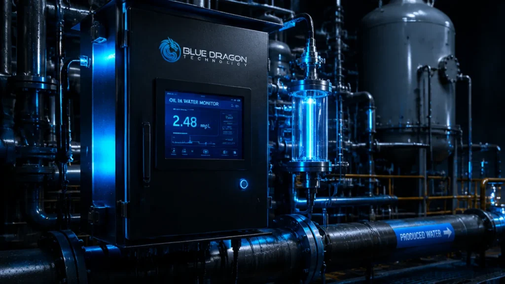 Produced-water oil monitoring instrumentation at an oil and gas treatment facility