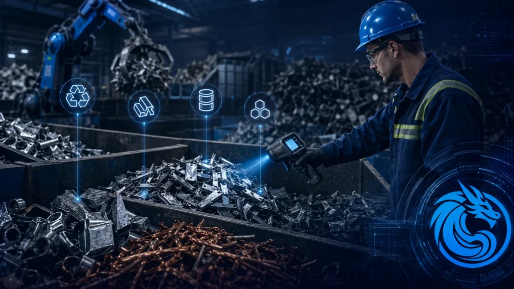 Worker using handheld XRF to sort mixed metal scrap and recycling materials by elemental composition