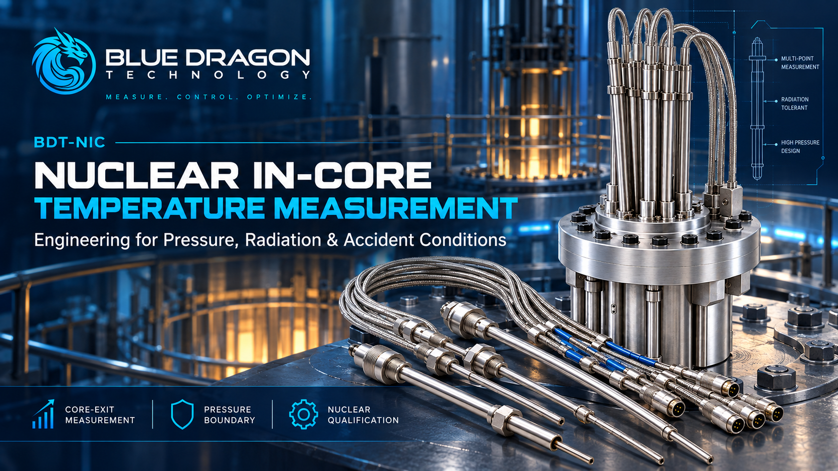 Blue Dragon Technology BDT-NIC nuclear in-core temperature measurement system with mineral-insulated thermocouple assemblies for core-exit measurement, pressure-boundary applications and nuclear qualification.